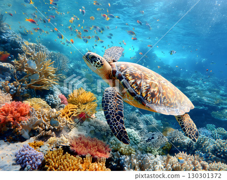 熱帶魚在海龜和珊瑚礁間翩翩起舞，宛如天堂般的水下景觀 130301372