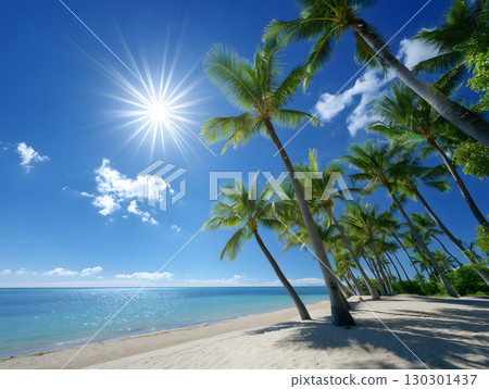 Beautiful tropical beach scenery with blue skies, shining sun and palm trees 130301437
