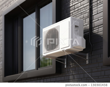 A home air conditioner outdoor unit installed on an exterior wall and a window of a modern house 130301438