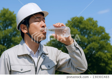 A Japanese male worker wearing a helmet hydrating while working outdoors during the summer day A Japanese male worker wearing a helmet hydrating while working outdoors during the summer day 130301483