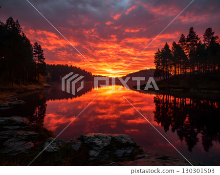 A fiery sunset reflected on the lakeside and a fantastic red sky 130301503