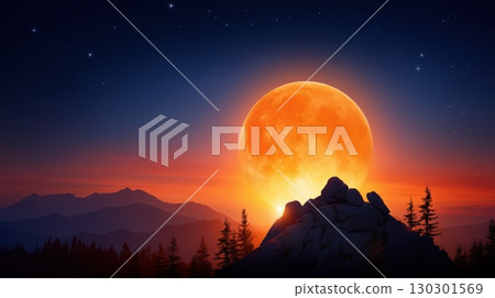 Massive orange moon over dark mountain landscape with starry sky. 130301569