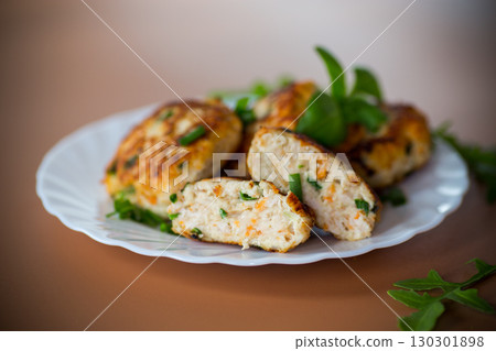 Homemade cutlets from minced chicken on a plate from above 130301898