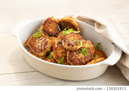 Hot meat cutlets with a golden crust in a rustic style Hot meat cutlets with a golden crust in a rustic style 130301913