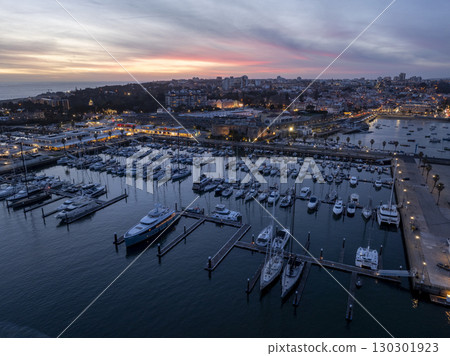 Cascais Port Marine at Night after sunset, Blue Hour, Twilights. Aerial, Illuminated City of Cascais, Lisbon, Portugal Cascais Port Marine at Night after sunset, Blue Hour, Twilights. Aerial, Illuminated City of Cascais, Lisbon, Portugal 130301923