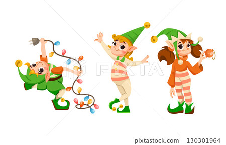Christmas elves joyfully prepare for the holiday, making decorations and gifts to spread cheer 130301964