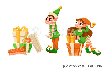 Cheerful Holiday Elves are Smiling while Holding Gifts and Presents for Everyone to Enjoy 130301965