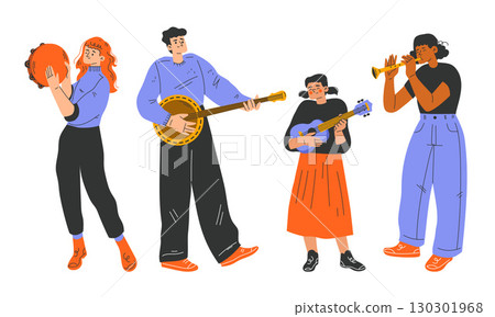 Diverse musicians are collaboratively playing instruments, creating an energetic atmosphere 130301968