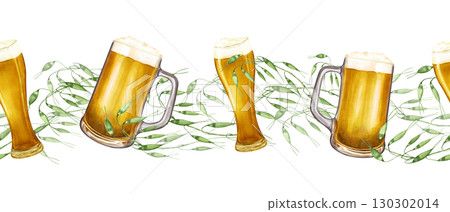 Amber beer pint glasses with foam among field grass seamless watercolor banner on isolated background. Traditional alcohol drink for autumn festivals, party. Pattern for holiday decor, posters. Amber beer pint glasses with foam among field grass seamless watercolor banner on isolated background. Traditional alcohol drink for autumn festivals, party. Pattern for holiday decor, posters. 130302014