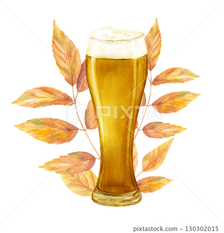 Watercolor golden beer glass and yellow orange ash leaves illustration on isolated background. Hand painted traditional autumn holiday drink for Oktoberfest holiday greeting card, bar or pub menu 130302015