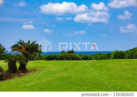 A resort golf course and green flag with a refreshing tropical blue sky, blue sea, and palm trees (Miyakojima City, Okinawa Prefecture) A resort golf course and green flag with a refreshing tropical blue sky, blue sea, and palm trees (Miyakojima City, Okinawa Prefecture) 130302020