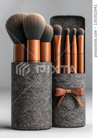 Minimalist aesthetic. High-quality set of makeup brushes on a white background. Minimalist aesthetic. High-quality set of makeup brushes on a white background. 130302041