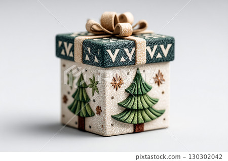 Gift box decor. Christmas Gift Box on white background. Holiday-themed present. Christmas traditions and seasonal joy. Gift box decor. Christmas Gift Box on white background. Holiday-themed present. Christmas traditions and seasonal joy. 130302042