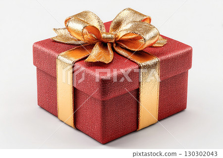 Luxurious present.  Classic Red Gift Box with Gold bow on white background. Representing Christmas. 130302043