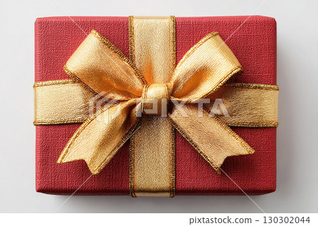 Elegant present. Classic Red Gift Box with Gold bow on white background. Representing Christmas. 130302044