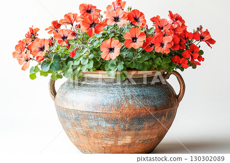 Blooming flowers. Big Geranium plant with red flowers grows on white background. Blooming flowers. Big Geranium plant with red flowers grows on white background. 130302089