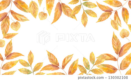 Rectangle frame of yellow orange ash leaves. Autumn tree leaf watercolor illustration on isolated background. Foliage for botanical design, holiday greeting card, label. Copy space for text Rectangle frame of yellow orange ash leaves. Autumn tree leaf watercolor illustration on isolated background. Foliage for botanical design, holiday greeting card, label. Copy space for text 130302108