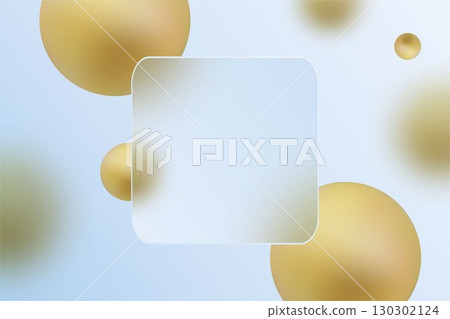 Abstract background with 3D golden spheres and a transparent frame in glass morphism style. Eps 10 130302124
