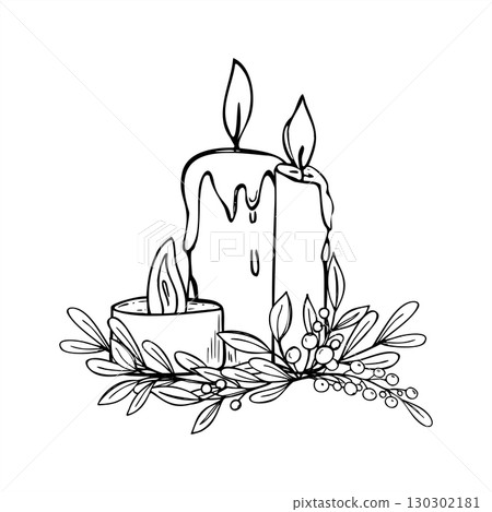 Burning candles and decorative evergreen hawthorn branches monochrome vector illustration painted by black inks. Holiday floral composition for Christmas cards, winter posters and labels Burning candles and decorative evergreen hawthorn branches monochrome vector illustration painted by black inks. Holiday floral composition for Christmas cards, winter posters and labels 130302181