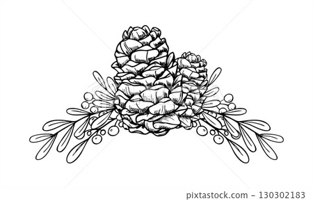 Pinecone and decorative evergreen branches with berries monochrome vector illustration painted by black inks. Etching drawing of Christmas composition for winter holiday decor, greeting cards 130302183