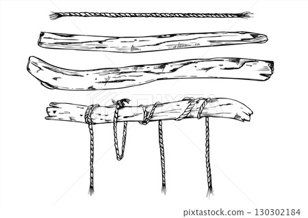 Dried wooden sticks, rope monochrome vector illustration clip art painted by black inks. Decorative old tree branch elements etching drawing for nautical decor, craft projects, Christmas design 130302184