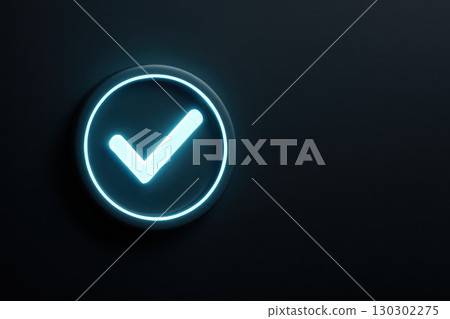 Quality assurance quality control compliance checklist certification process glowing check mark symbol dark background represents quality assurance and compliance checklist for certification 130302275