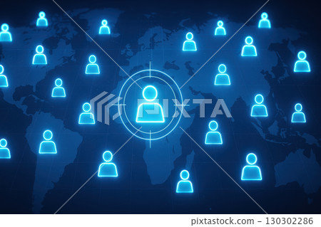 Customer targeting and customer acquisition are key elements in digital marketing and business strategy shown by glowing user icons on global map representing focused audience engagement Customer targeting and customer acquisition are key elements in digital marketing and business strategy shown by glowing user icons on global map representing focused audience engagement 130302286