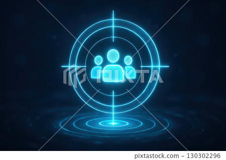 Customer targeting concept with digital marketing strategy focusing on customer acquisition for business growth and success in futuristic blue glowing design 130302296