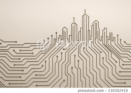 Minimalist AI circuit pattern forming smart city skyline with macro detail and futuristic technology concept in beige tone 130302410