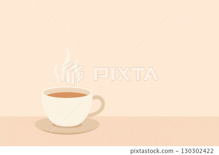 Minimalist flat illustration of serene tea cup with soft pastel background and gentle steam rising, evoking calm and warmth in simple cozy setting 130302422