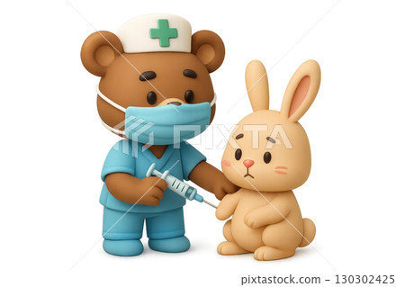 3d medical nurse bear with mask giving injection to sad bunny animal in cartoon style 130302425