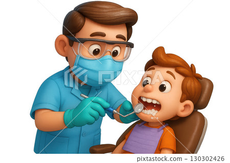 3d medical scene showing dentist wearing gloves and mask examining child teeth with dental tools in clinic, capturing caring and professional atmosphere 130302426