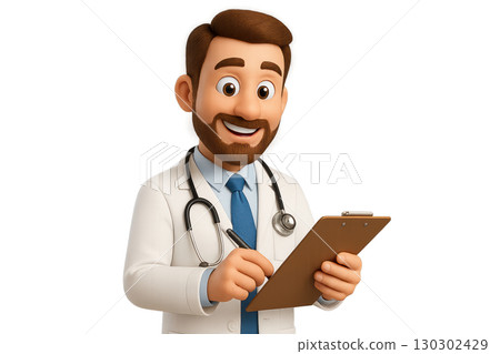 3d medical doctor male character with beard wearing white coat and stethoscope holding clipboard and pen smiling happily 3d medical doctor male character with beard wearing white coat and stethoscope holding clipboard and pen smiling happily 130302429