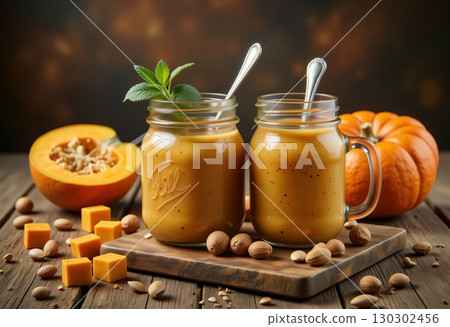 Pumpkin puree jars topped with nuts and fresh mint 130302456