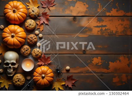 Halloween background with pumpkins, skull and spiders on rustic wood Halloween background with pumpkins, skull and spiders on rustic wood 130302464