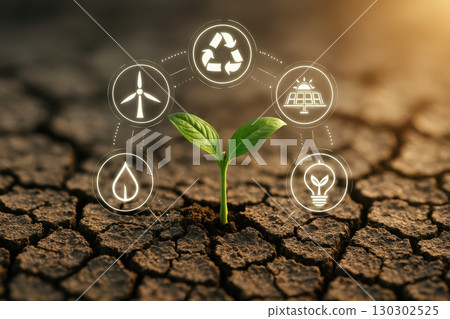 Clean energy renewable energy solar power wind energy green energy concept with young plant growing on dry cracked earth symbolizing hope and sustainability for future environmental protection Clean energy renewable energy solar power wind energy green energy concept with young plant growing on dry cracked earth symbolizing hope and sustainability for future environmental protection 130302525