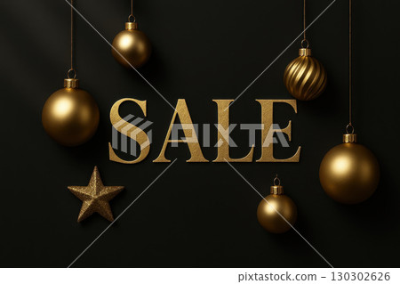 Holiday sale background with gold ornament ball and star decoration on black backdrop creates festive and elegant atmosphere perfect for seasonal promotions Holiday sale background with gold ornament ball and star decoration on black backdrop creates festive and elegant atmosphere perfect for seasonal promotions 130302626
