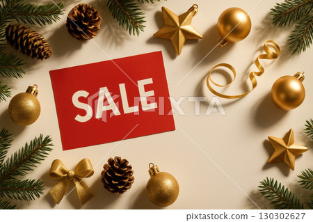 Holiday sale background with festive pine branches, gold ornaments, ribbon, pine cones and red sale card creating cheerful seasonal atmosphere Holiday sale background with festive pine branches, gold ornaments, ribbon, pine cones and red sale card creating cheerful seasonal atmosphere 130302627