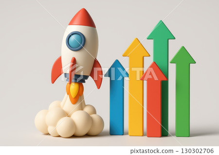 Rocket launch with colorful upward arrows symbolizes business success leadership concept and growth motivation in creative and optimistic style for achievement inspiration 130302706