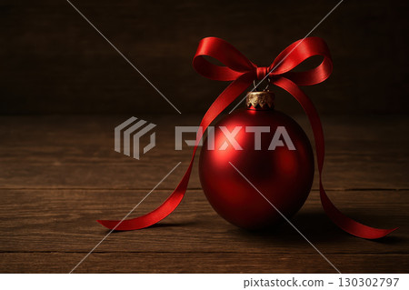Red Christmas ornament with satin ribbon on wooden background creates festive holiday sale atmosphere perfect for seasonal decoration and joyful celebration 130302797
