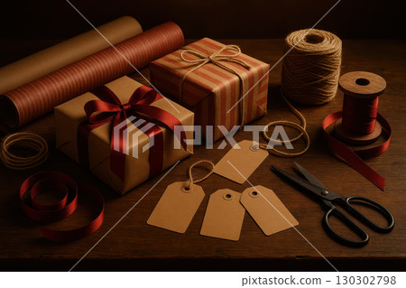 Holiday sale background with wrapped gift boxes, ribbon, twine, gift tags, and scissors on wooden table, creating festive and warm atmosphere for seasonal celebrations 130302798