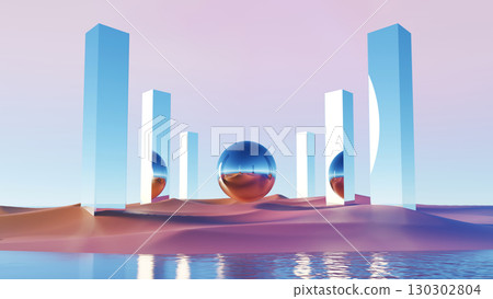 3d render, abstract landscape with reflective spheres and tall geometric pillars 3d render, abstract landscape with reflective spheres and tall geometric pillars 130302804