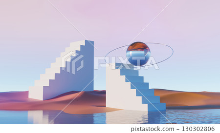 3d render, surreal scene with floating reflective sphere and white stairs 3d render, surreal scene with floating reflective sphere and white stairs 130302806