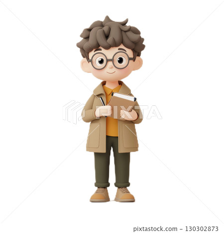 3D Illustration of a Friendly Cartoon Boy with Glasses Holding a Notebook and Pen 130302873
