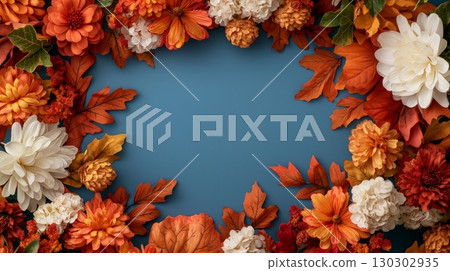Autumn Floral Frame with Blue Background for Fall Crafts and Projects 130302935