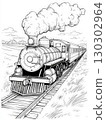 Classic steam train chugging along tracks 130302964