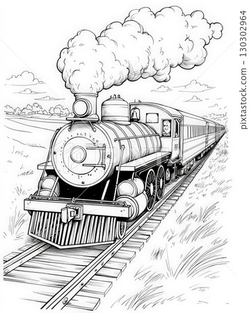 Classic steam train chugging along tracks 130302964