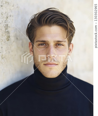 close up portrait of a young man in a turtleneck. 130302965