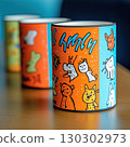 Colorful kids cups whimsical animal designs on orange and blue mugs 130302973