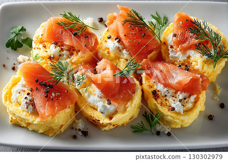 Bright dish. Gourmet high-protein breakfast. Premium Hotel breakfast. Breakfast sushi: scrambled eggs and smoked salmon rolls. Viral food trend. 130302979